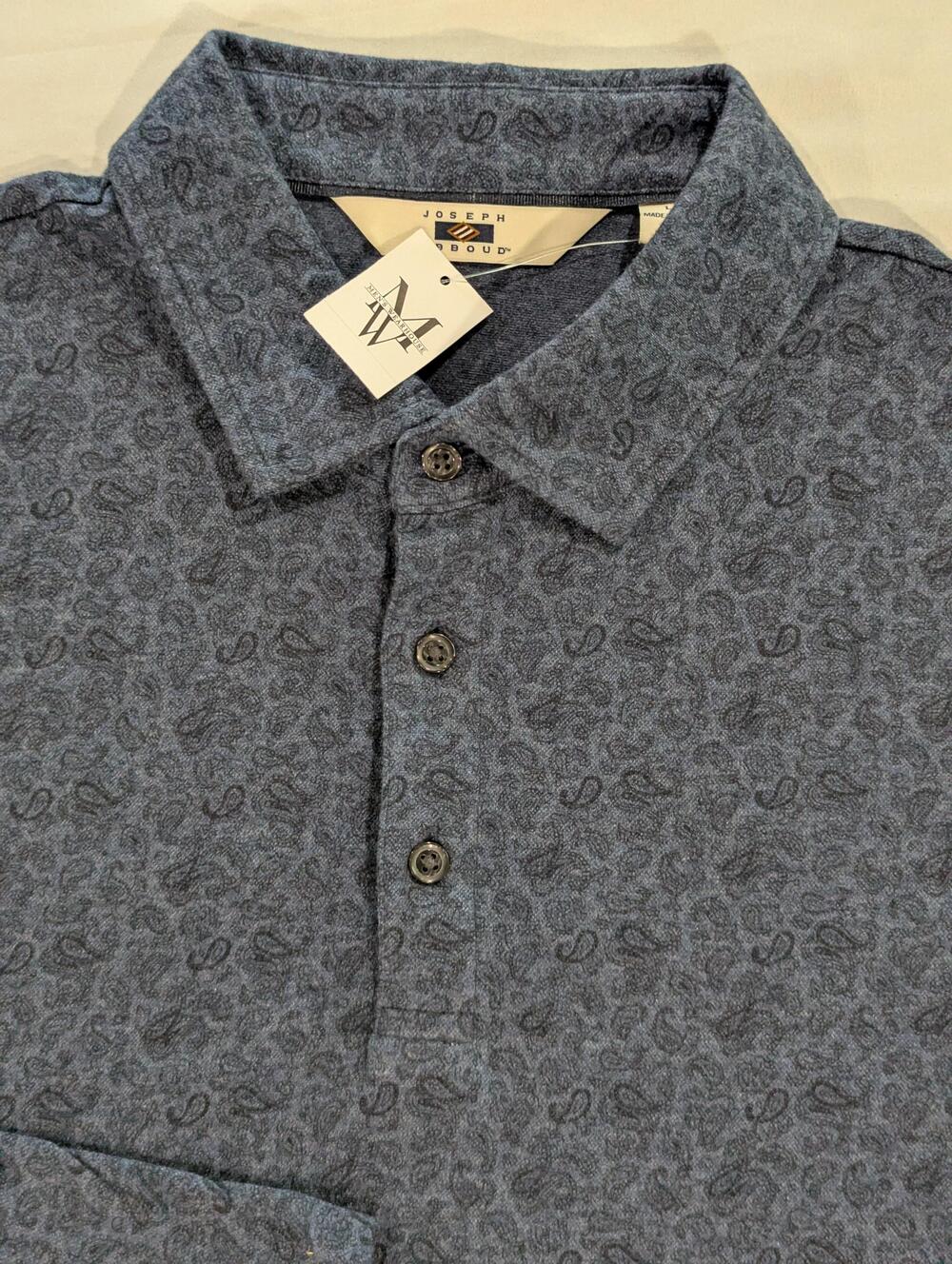 Joseph Abboud Polo Shirt Mens L Blue Paisley Long Sleeve Knit Cotton Casual